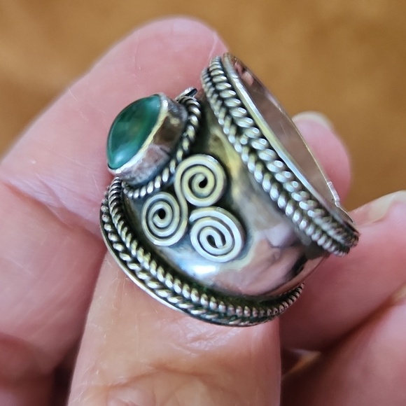 Sterling Malachite Wide Boho Bali Style Cigar Band Ring sz 8 - Picture 7 of 16